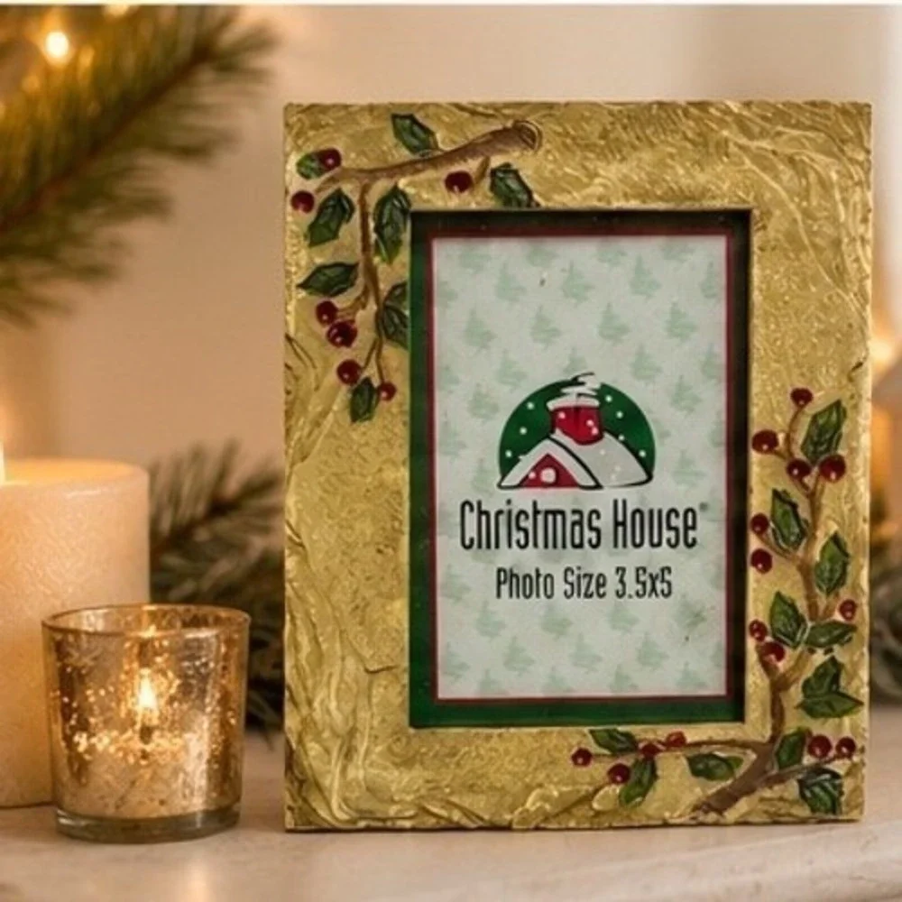 Christmas House Gold Holly Berry 3.5x5 Picture Frame Textured Resin Holiday Deco